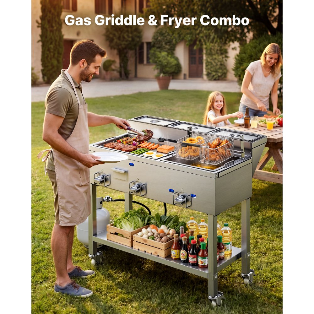 Vevor Frying Cart Outdoor Propane Fryer & Griddle Combo with 3 Burners, Wheels, 2 Fryer Baskets & 3 Food Pans New