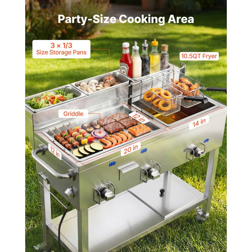 Vevor Frying Cart Outdoor Propane Fryer & Griddle Combo with 3 Burners, Wheels, 2 Fryer Baskets & 3 Food Pans New
