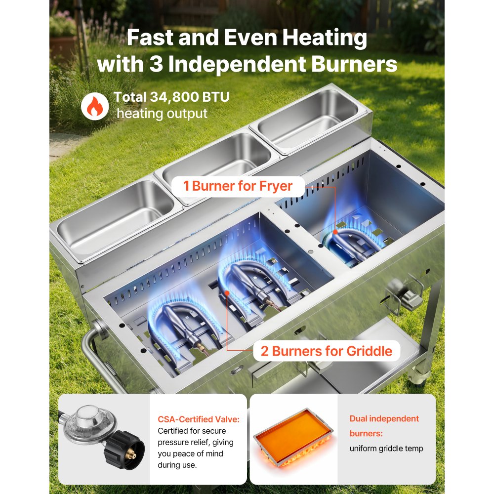 Vevor Frying Cart Outdoor Propane Fryer & Griddle Combo with 3 Burners, Wheels, 2 Fryer Baskets & 3 Food Pans New