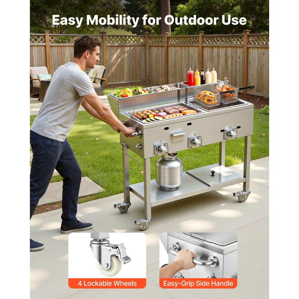 Vevor Frying Cart Outdoor Propane Fryer & Griddle Combo with 3 Burners, Wheels, 2 Fryer Baskets & 3 Food Pans New