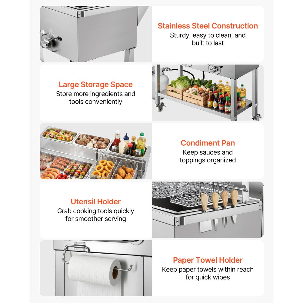 Vevor Frying Cart Outdoor Propane Fryer & Griddle Combo with 3 Burners, Wheels, 2 Fryer Baskets & 3 Food Pans New