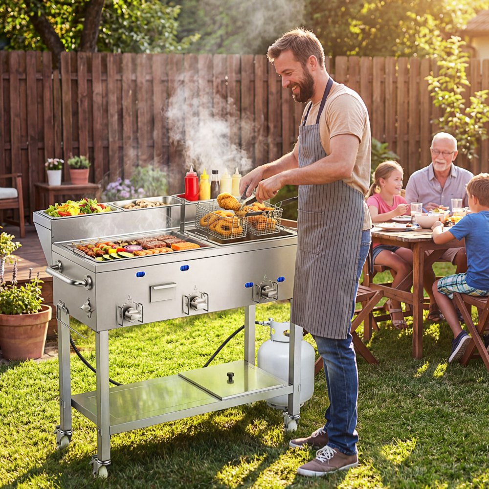 Vevor Frying Cart Outdoor Propane Fryer & Griddle Combo with 3 Burners, Wheels, 2 Fryer Baskets & 3 Food Pans New