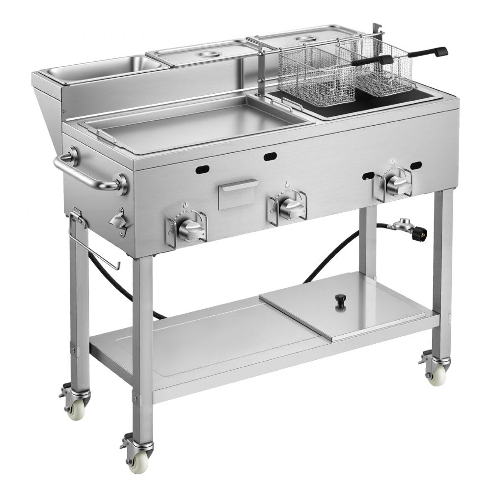 Vevor Frying Cart Outdoor Propane Fryer & Griddle Combo with 3 Burners, Wheels, 2 Fryer Baskets & 3 Food Pans New