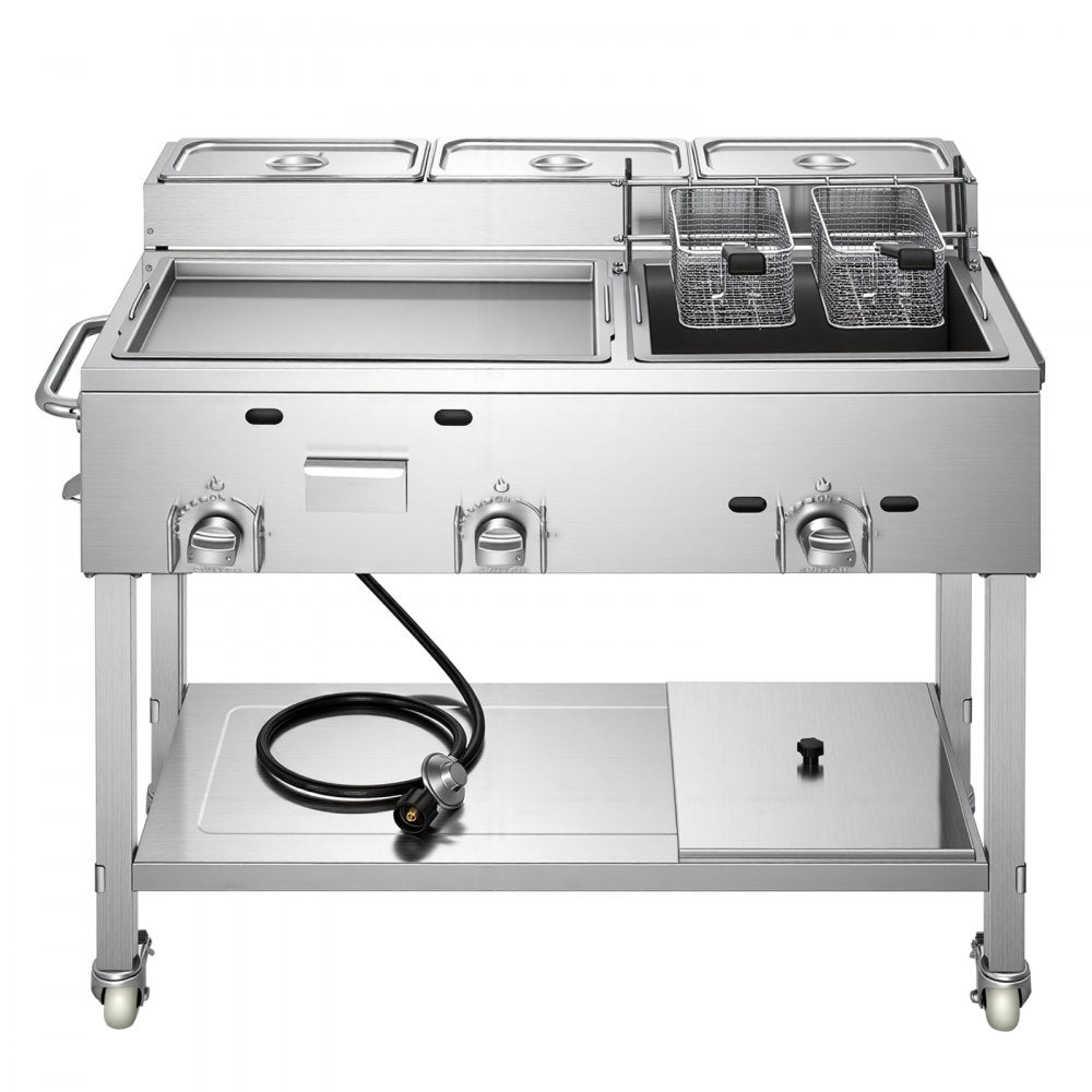 Vevor Frying Cart Outdoor Propane Fryer & Griddle Combo with 3 Burners, Wheels, 2 Fryer Baskets & 3 Food Pans New