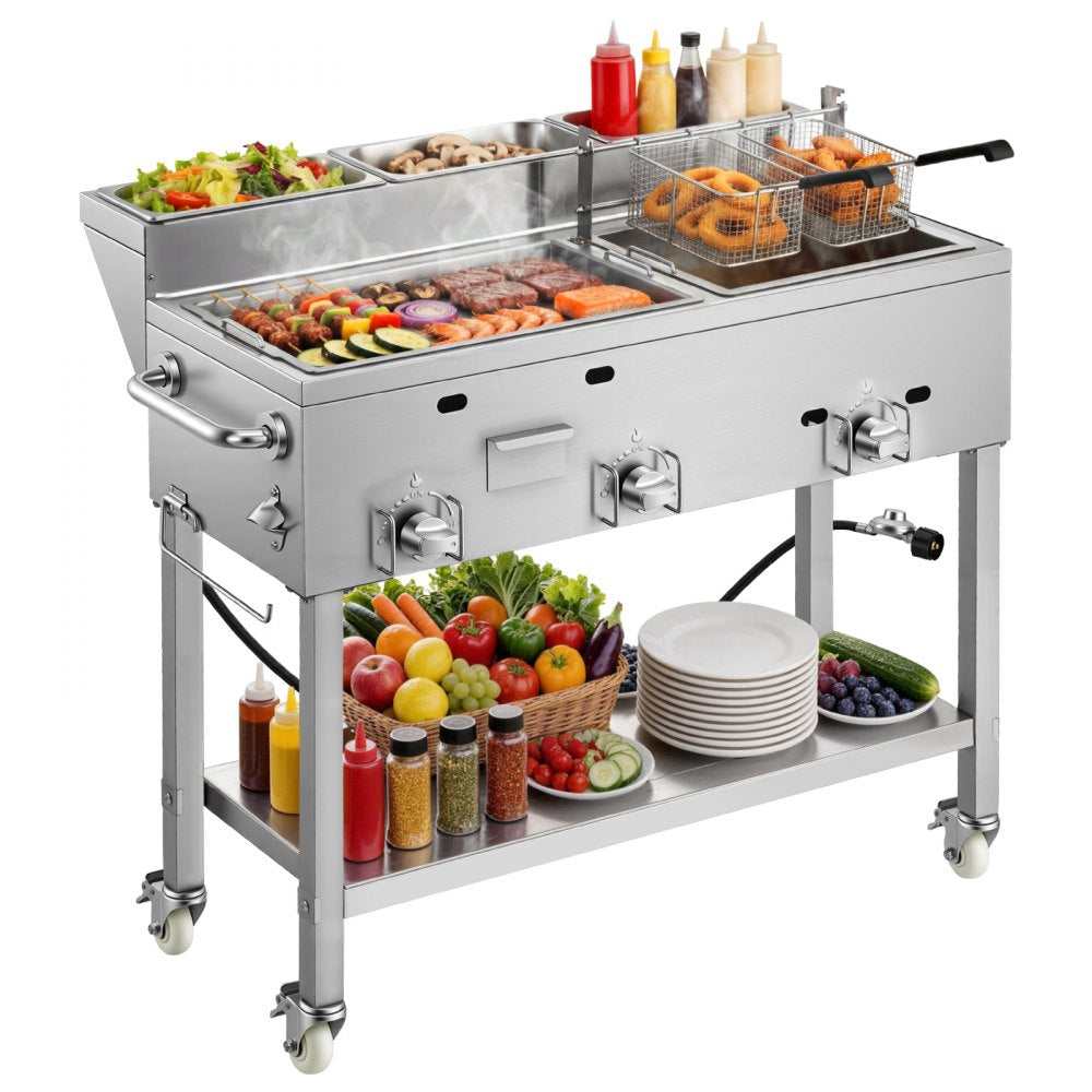 Vevor Frying Cart Outdoor Propane Fryer & Griddle Combo with 3 Burners, Wheels, 2 Fryer Baskets & 3 Food Pans New