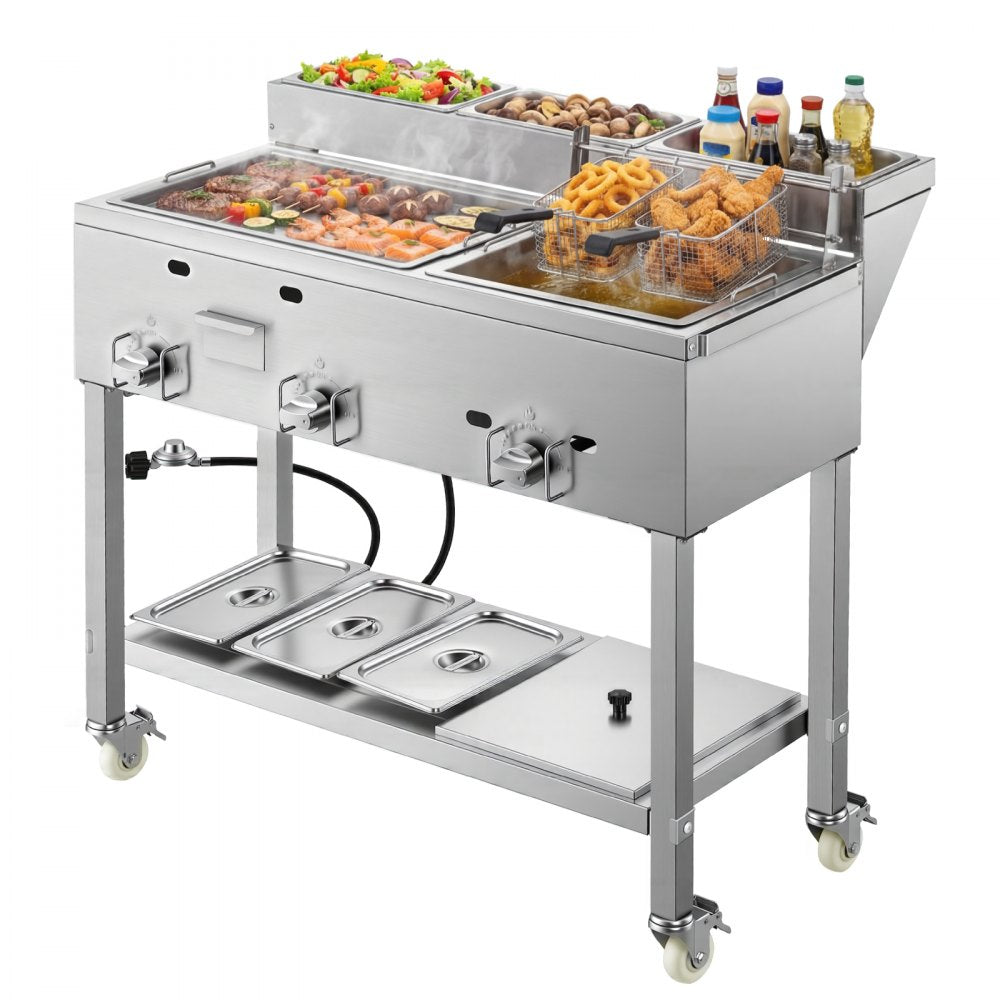 Vevor Frying Cart Outdoor Propane Fryer & Griddle Combo with 3 Burners, Wheels, 2 Fryer Baskets & 3 Food Pans New
