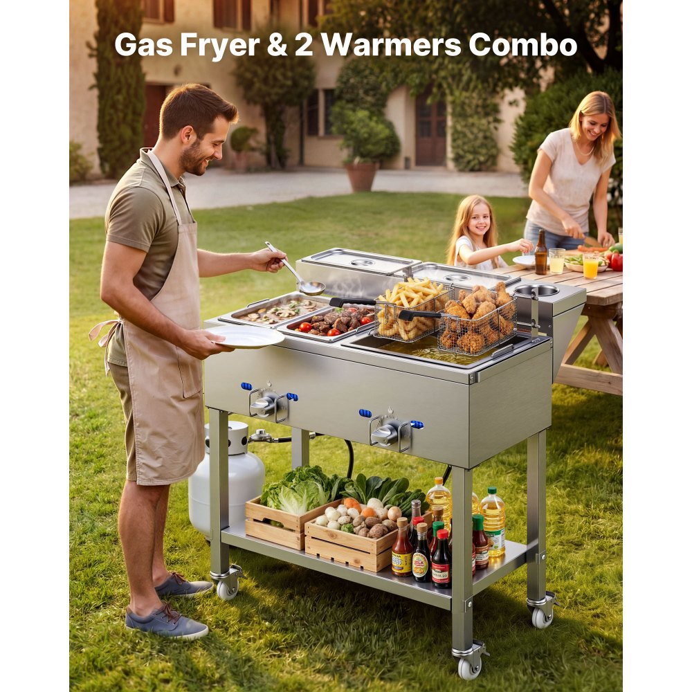Vevor Deep Fryer Outdoor Propane Frying Cart with 2 Burners and Warming Pans New