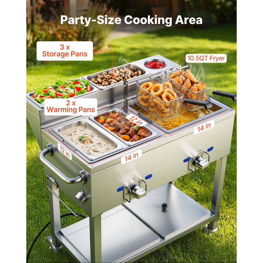 Vevor Deep Fryer Outdoor Propane Frying Cart with 2 Burners and Warming Pans New