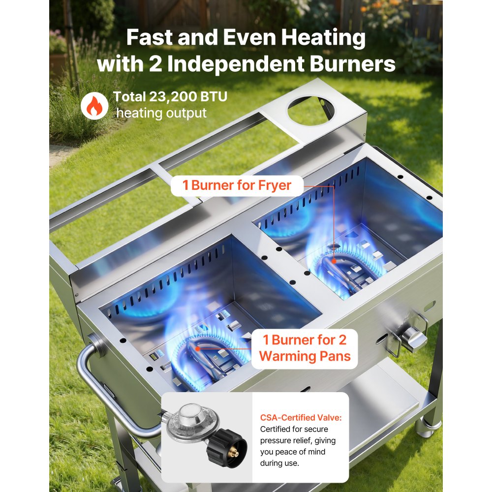Vevor Deep Fryer Outdoor Propane Frying Cart with 2 Burners and Warming Pans New