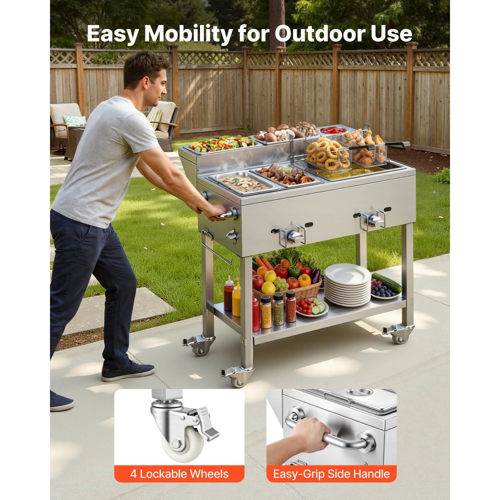 Vevor Deep Fryer Outdoor Propane Frying Cart with 2 Burners and Warming Pans New