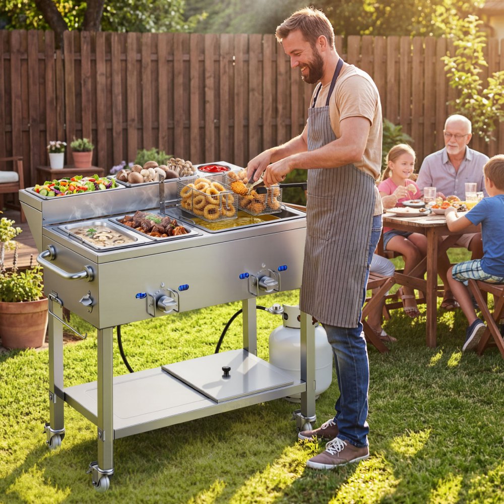Vevor Deep Fryer Outdoor Propane Frying Cart with 2 Burners and Warming Pans New