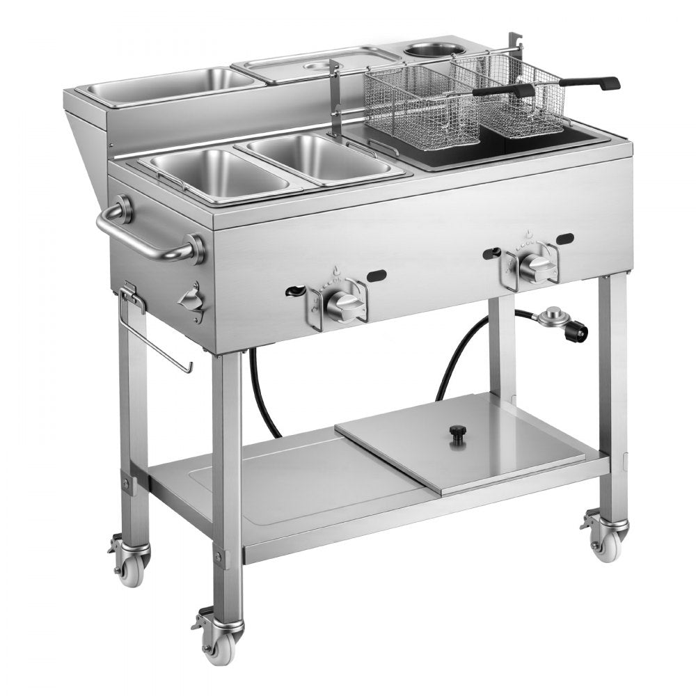 Vevor Deep Fryer Outdoor Propane Frying Cart with 2 Burners and Warming Pans New