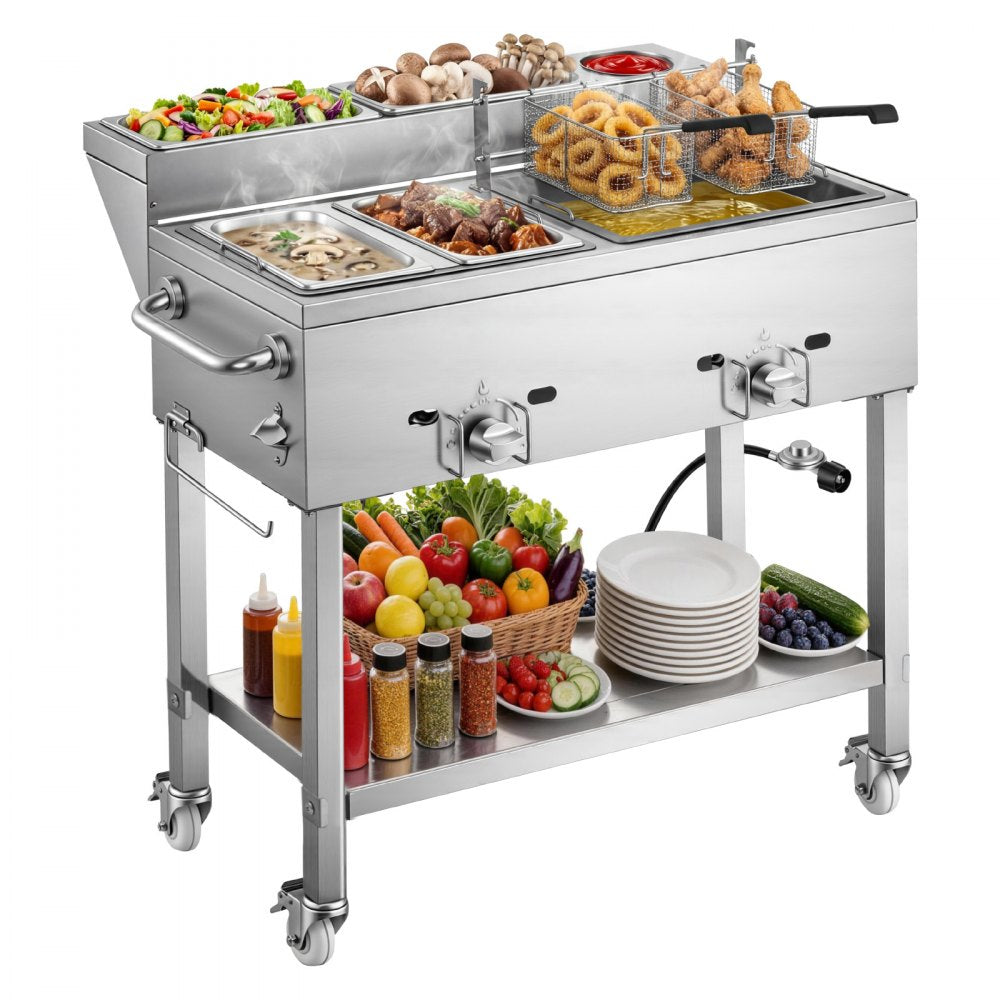 Vevor Deep Fryer Outdoor Propane Frying Cart with 2 Burners and Warming Pans New