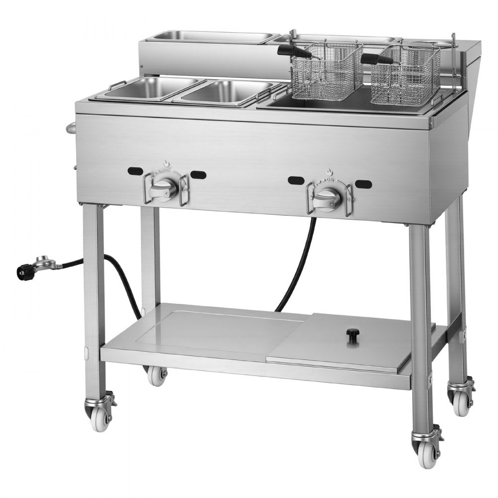 Vevor Deep Fryer Outdoor Propane Frying Cart with 2 Burners and Warming Pans New