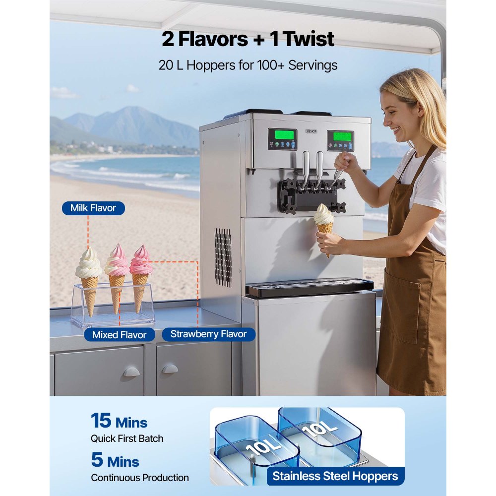 Vevor Commercial Ice Cream Machine Dual-Compressor Freestanding Soft Serve Maker 34-44 L/H 3 Flavors New
