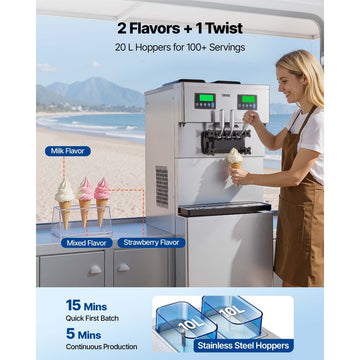 Vevor Commercial Ice Cream Machine Dual-Compressor Freestanding Soft Serve Maker 34-44 L/H 3 Flavors New