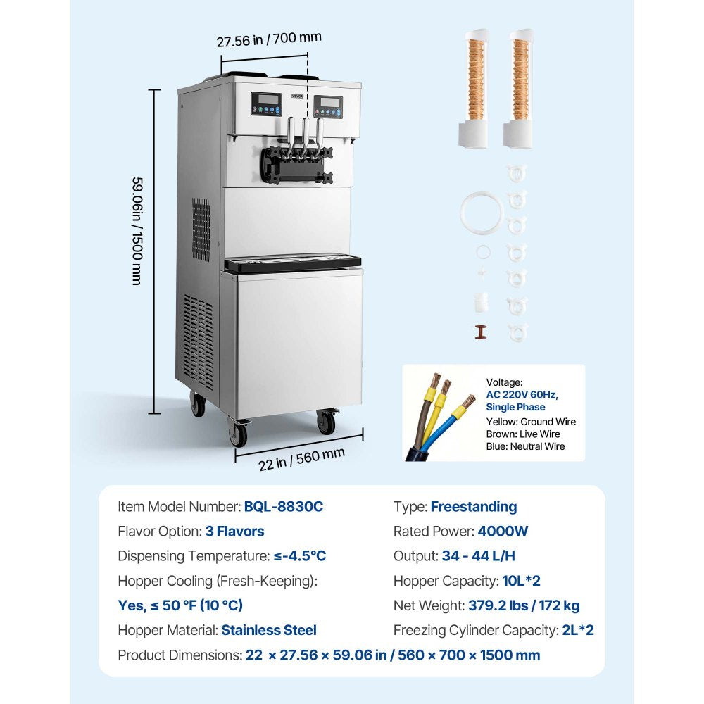 Vevor Commercial Ice Cream Machine Dual-Compressor Freestanding Soft Serve Maker 34-44 L/H 3 Flavors New