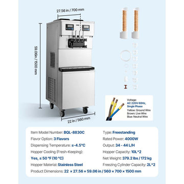 Vevor Commercial Ice Cream Machine Dual-Compressor Freestanding Soft Serve Maker 34-44 L/H 3 Flavors New