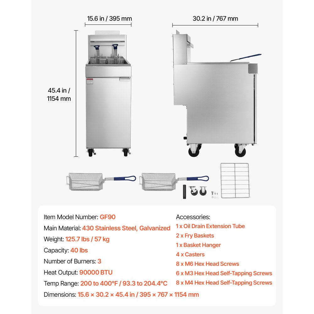Vevor Deep Fryer Commercial Propane 90,000 BTU 40 lbs Floor-Standing with 2 Baskets New