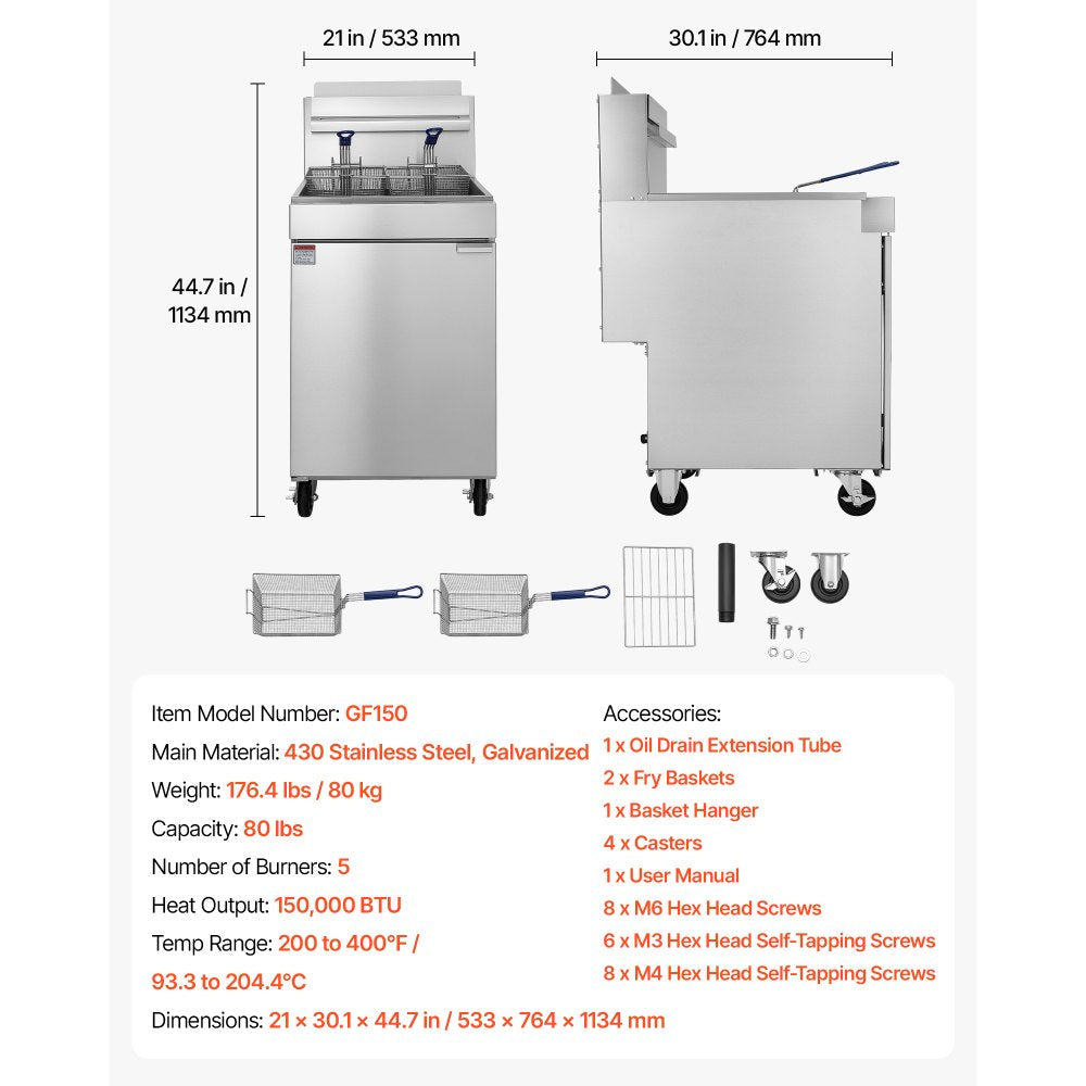 Vevor Deep Fryer Commercial Propane 80 lbs Floor Standing Stainless Steel with 2 Baskets New
