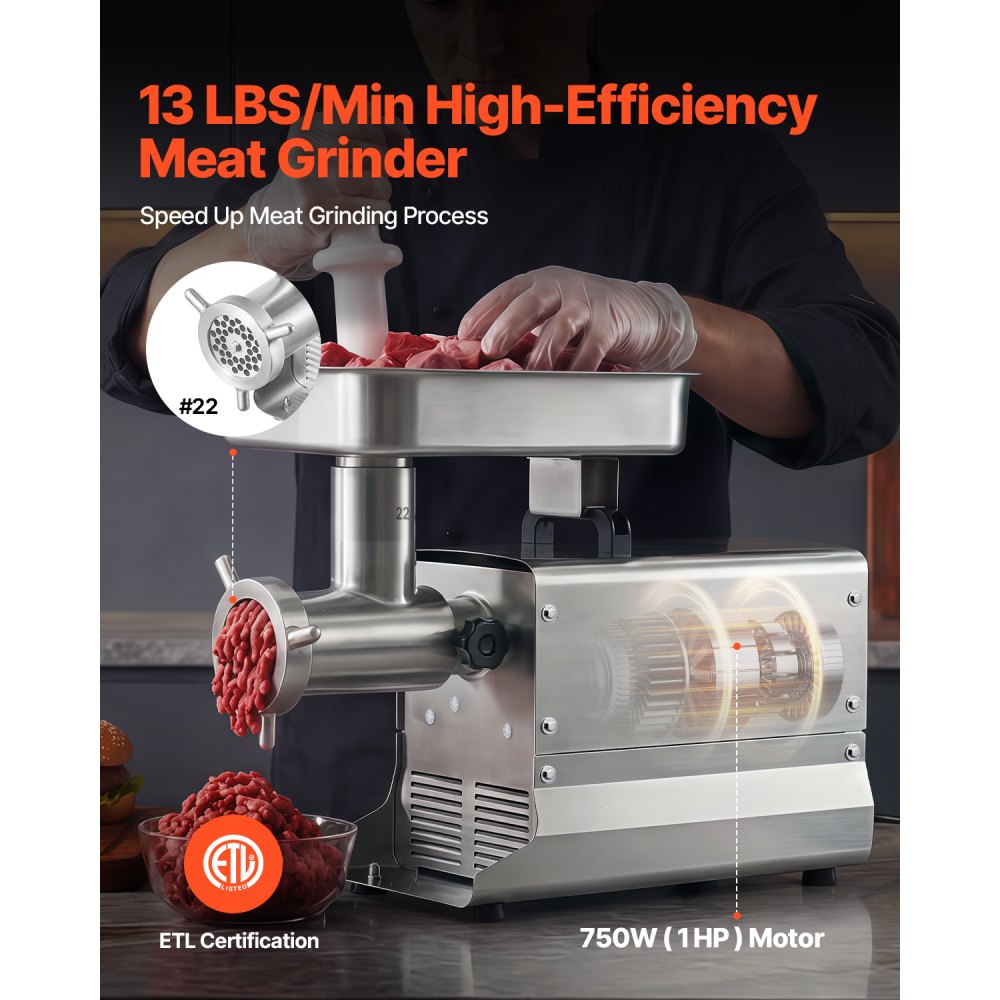 Vevor Meat Grinder Commercial Electric #22 13 lbs/min Stainless Steel Sausage Maker New