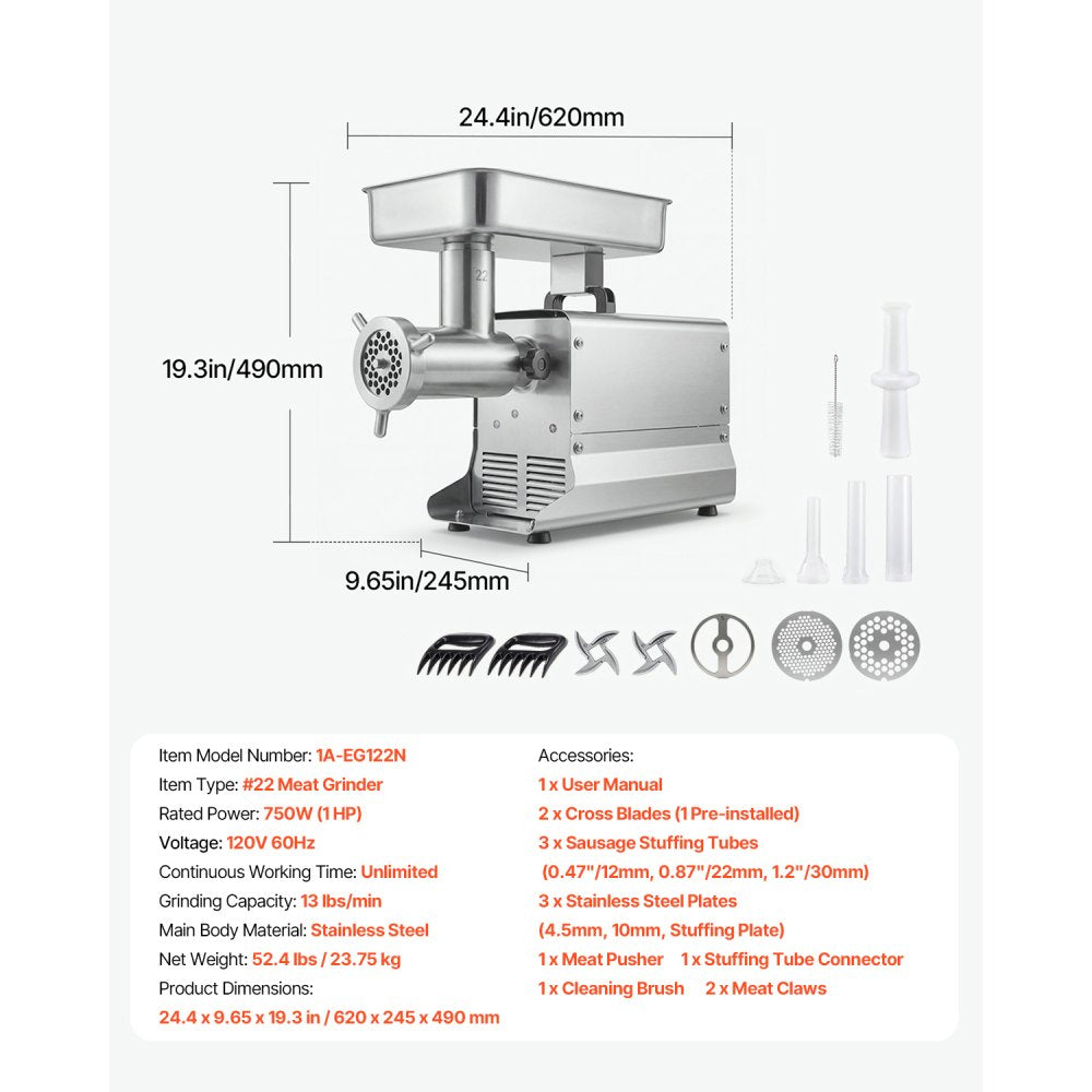 Vevor Meat Grinder Commercial Electric #22 13 lbs/min Stainless Steel Sausage Maker New