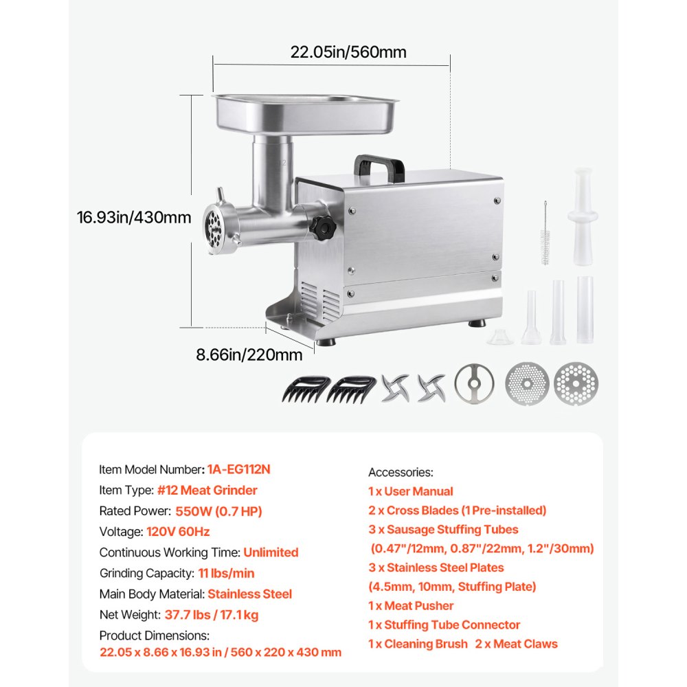 Vevor Meat Grinder Commercial Electric #12 11 lbs/Min Stainless Steel Sausage Maker New