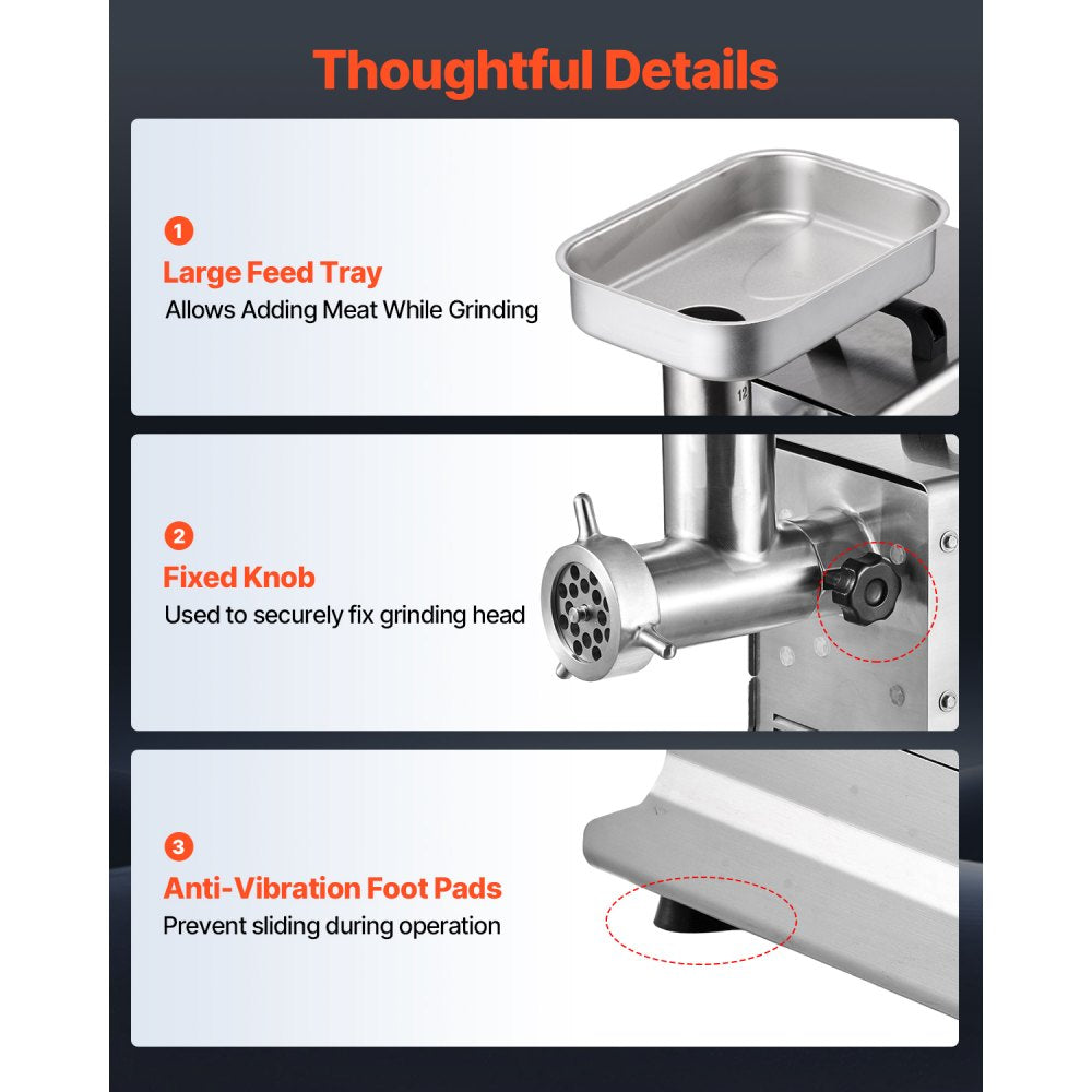 Vevor Meat Grinder Commercial Electric #12 11 lbs/Min Stainless Steel Sausage Maker New