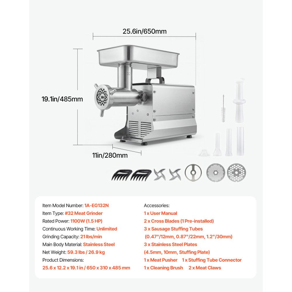 Vevor Meat Grinder Commercial #32 Electric Meat Mincer 21 lbs/Min Stainless Steel New