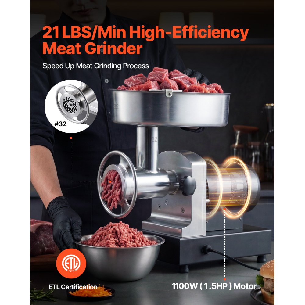 Vevor Meat Grinder Commercial Electric #32 21 lbs/Min Stainless Steel Sausage Maker New