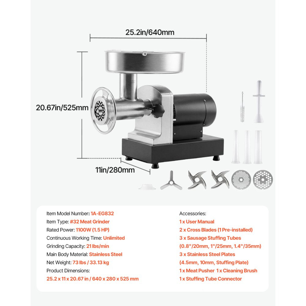 Vevor Meat Grinder Commercial Electric #32 21 lbs/Min Stainless Steel Sausage Maker New