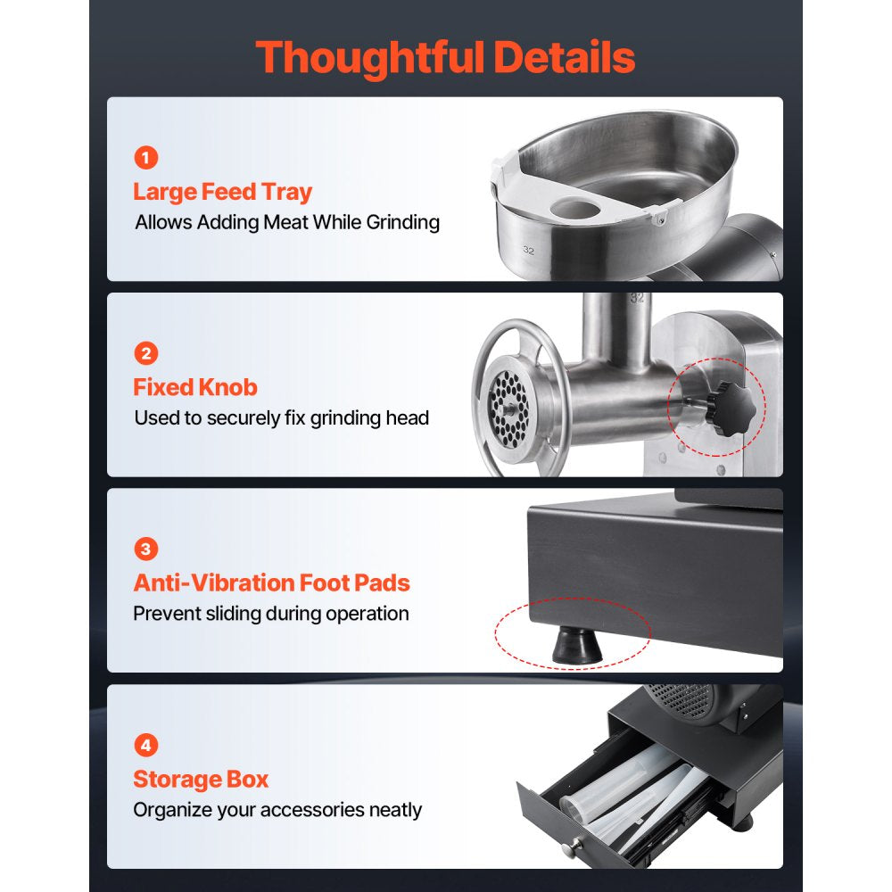 Vevor Meat Grinder Commercial Electric #32 21 lbs/Min Stainless Steel Sausage Maker New