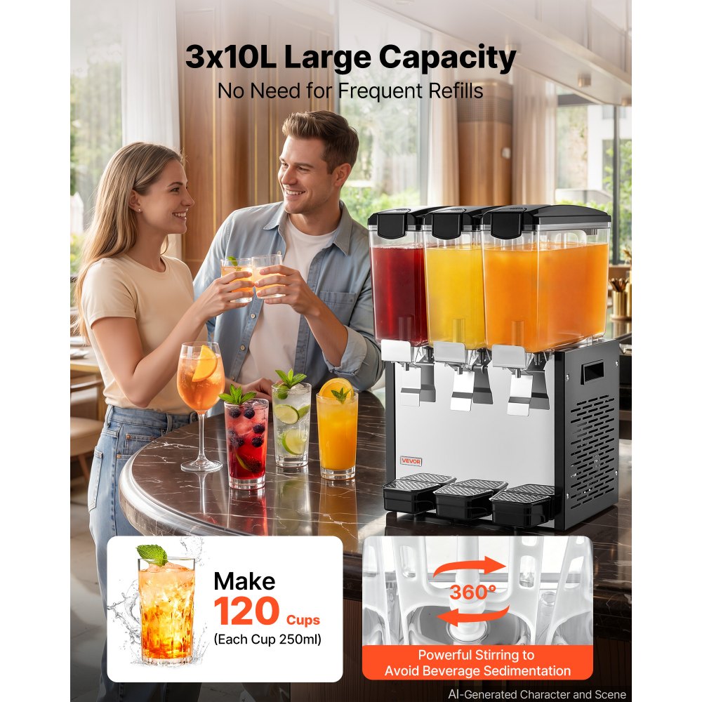 Vevor Beverage Dispenser Commercial 3-Tank 10 L Stainless Steel Juice Drink Machine New