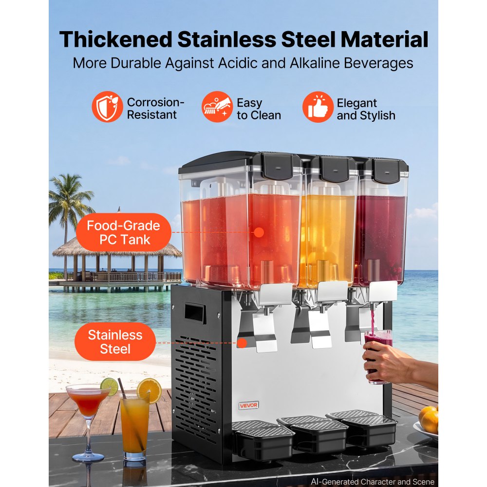 Vevor Beverage Dispenser Commercial 3-Tank 10 L Stainless Steel Juice Drink Machine New