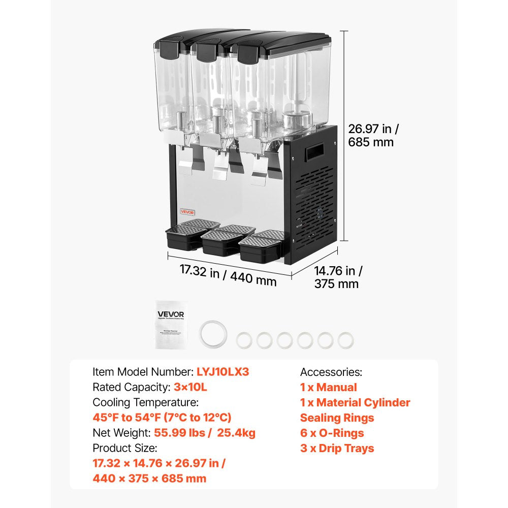 Vevor Beverage Dispenser Commercial 3-Tank 10 L Stainless Steel Juice Drink Machine New