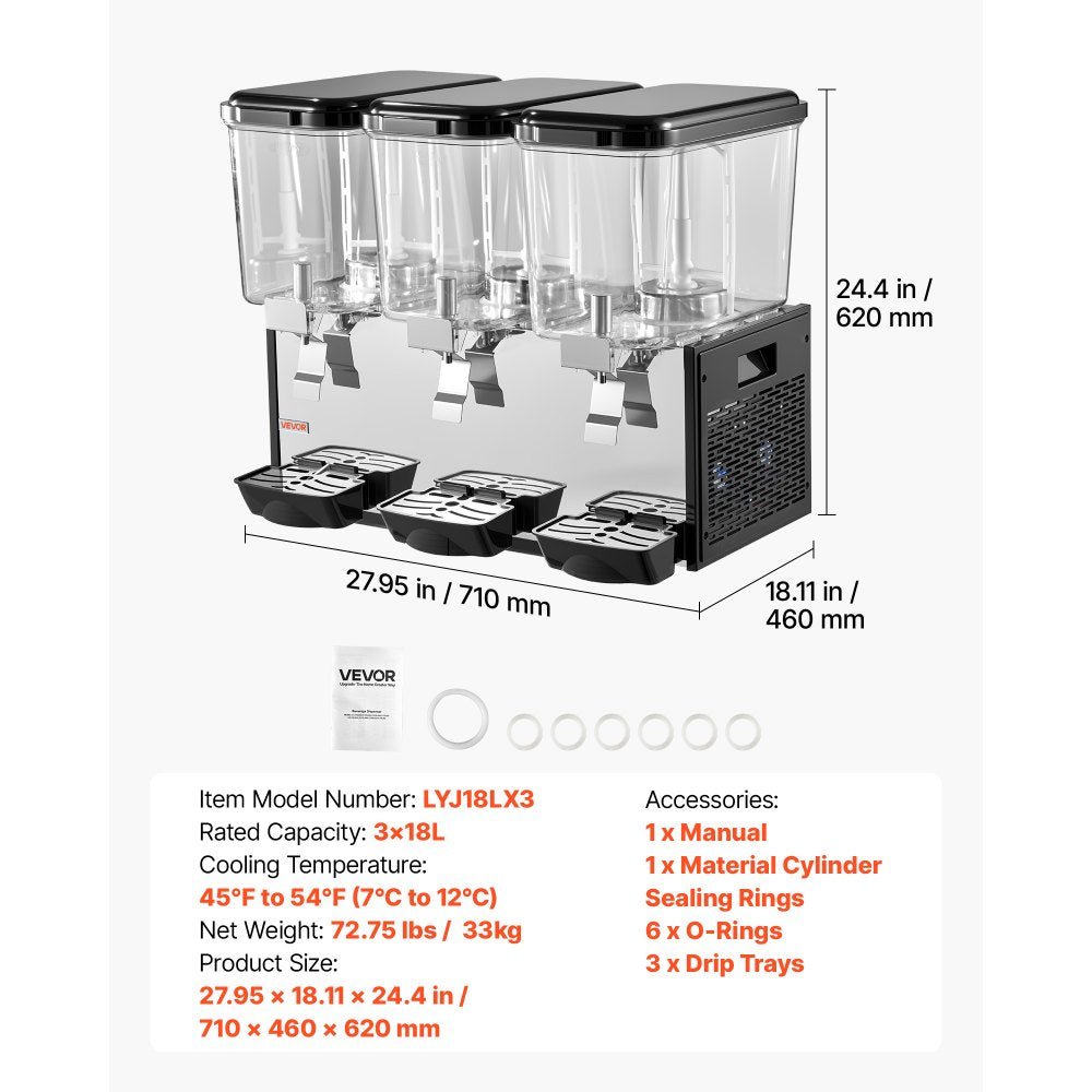 Vevor Commercial Beverage Dispenser 3 x 18L Cold Drink Machine New