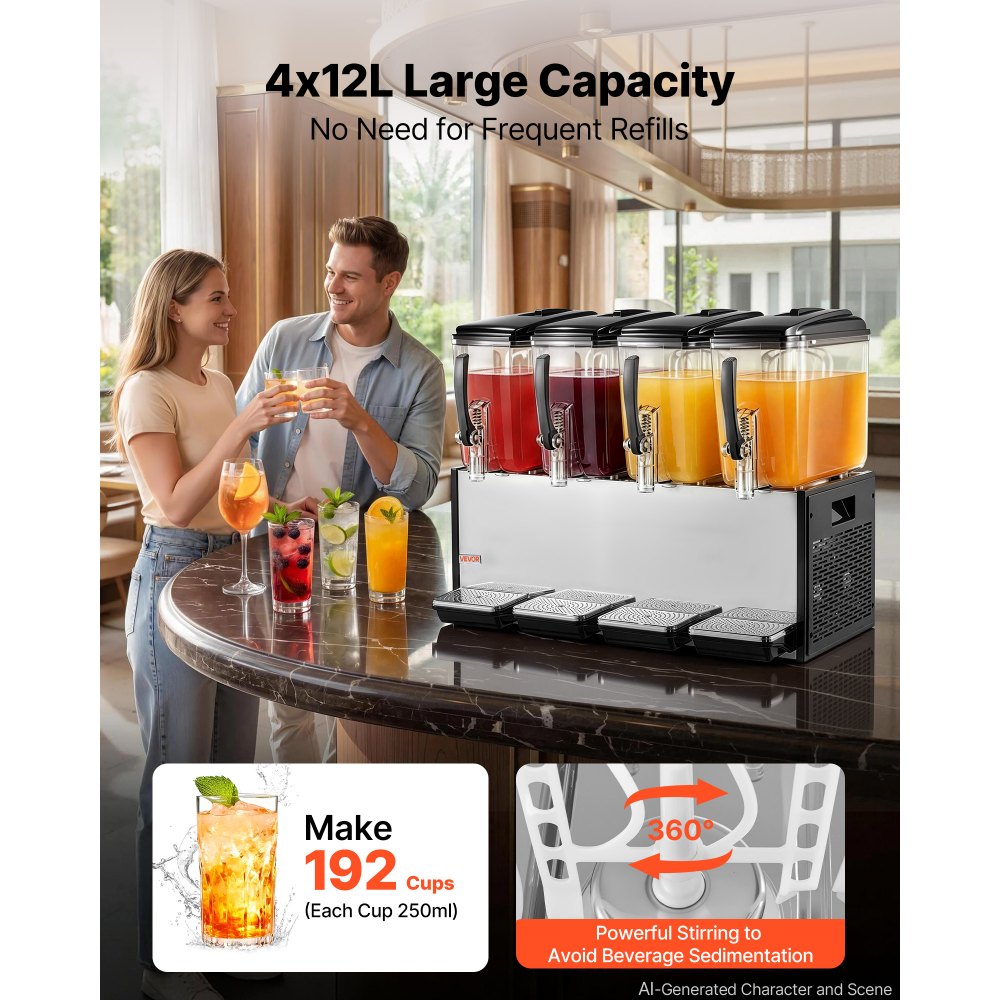 Vevor Commercial Beverage Dispenser 4-Tank 12 L Stainless Steel Juice Drink Machine New