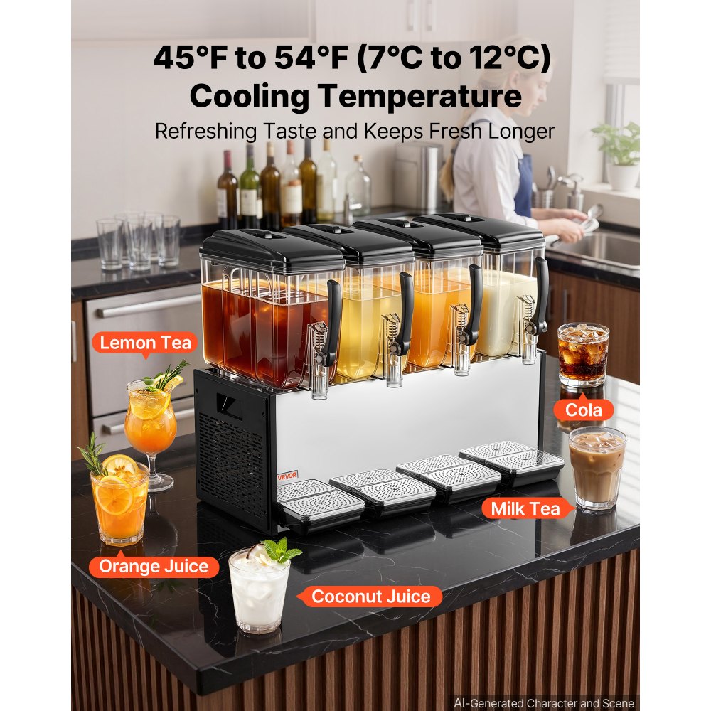 Vevor Commercial Beverage Dispenser 4-Tank 12 L Stainless Steel Juice Drink Machine New