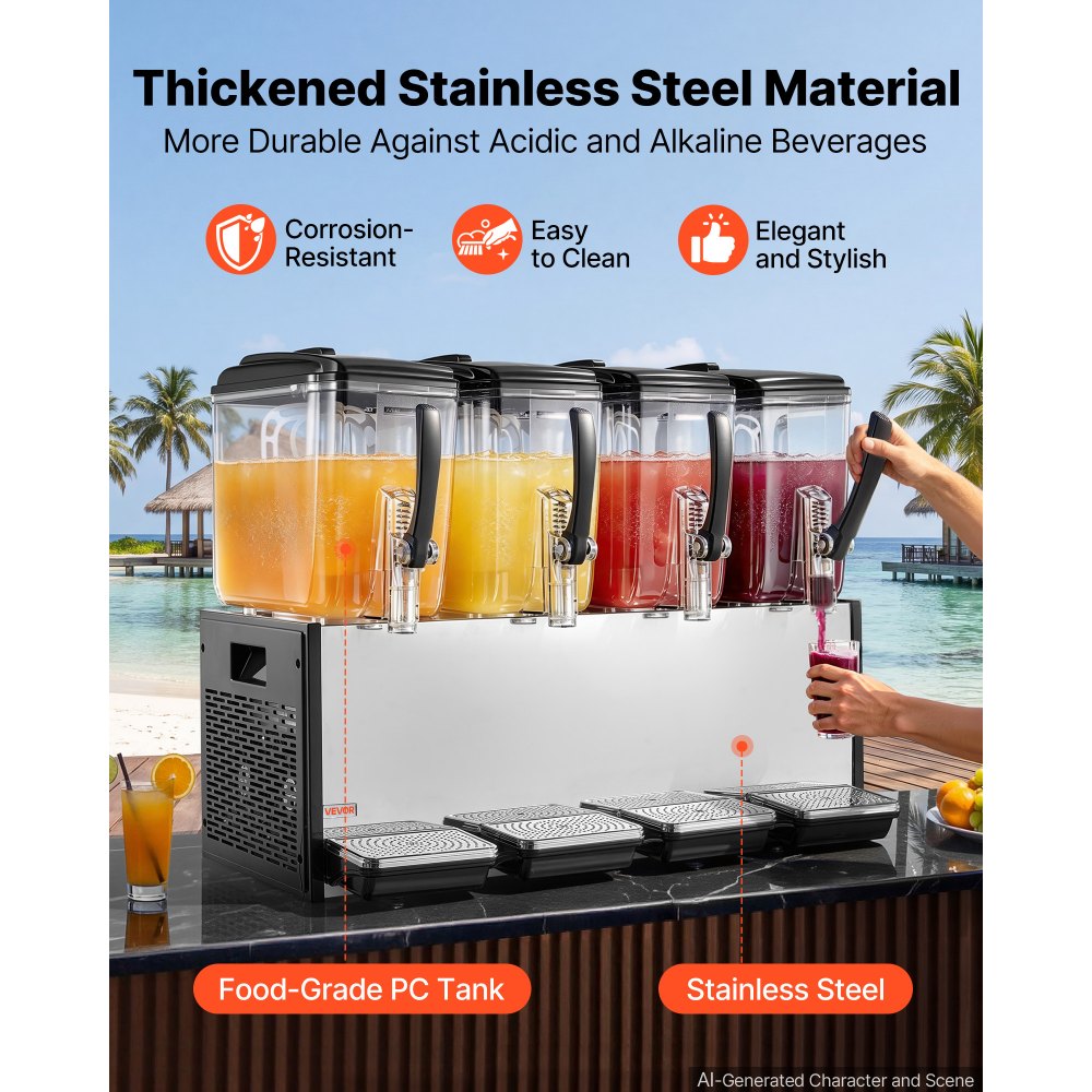 Vevor Commercial Beverage Dispenser 4-Tank 12 L Stainless Steel Juice Drink Machine New