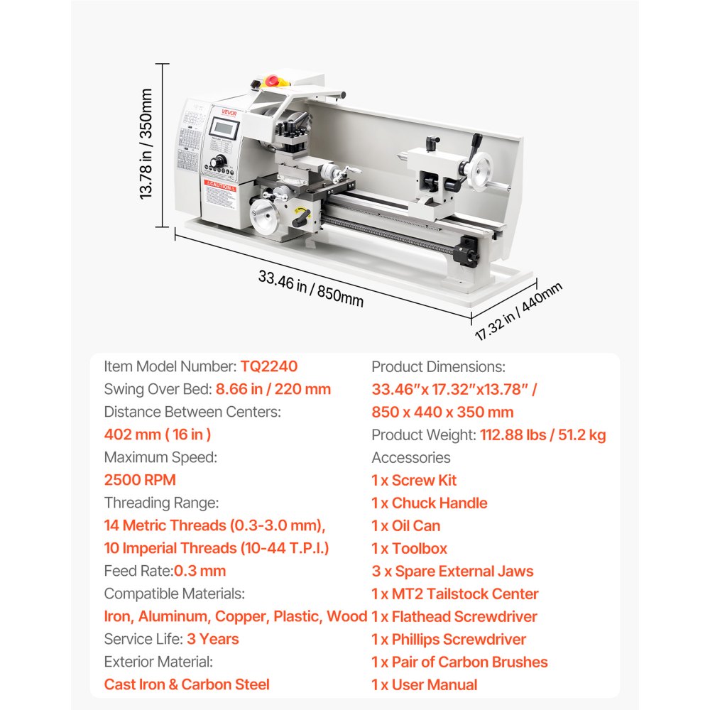 Vevor Metal Lathe 8 x 16" Variable Speed Benchtop Lathe Machine New