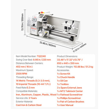 Vevor Metal Lathe 8 x 16" Variable Speed Benchtop Lathe Machine New