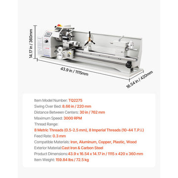 Vevor Metal Lathe 8.7" x 30" 1100W Variable Speed Benchtop Machine New
