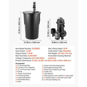 Vevor Sewage Grinder System 1 HP 5100 GPH Cast Iron Pump with Basin 120V 2" Discharge Black New