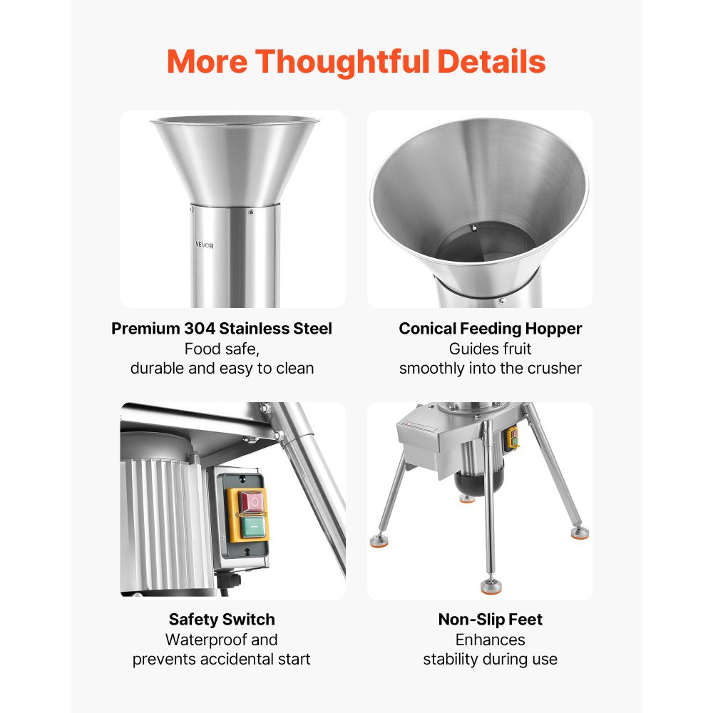 Vevor Fruit Crusher Electric Apple Crusher 1100W Stainless Steel Freestanding New