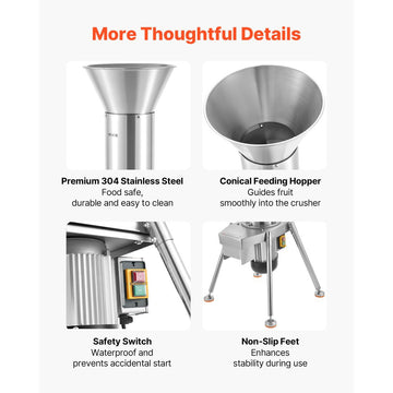 Vevor Fruit Crusher Electric Apple Crusher 1100W Stainless Steel Freestanding New