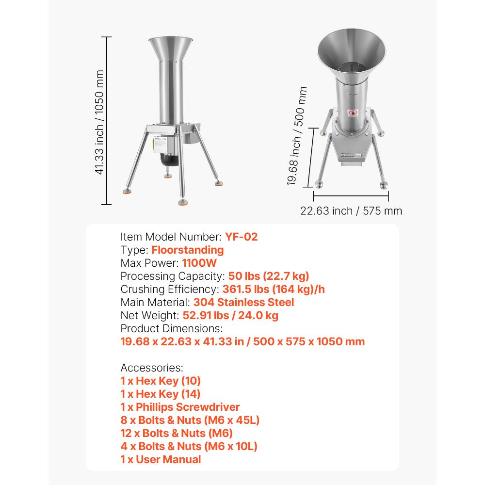 Vevor Fruit Crusher Electric Apple Crusher 1100W Stainless Steel Freestanding New
