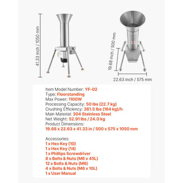Vevor Fruit Crusher Electric Apple Crusher 1100W Stainless Steel Freestanding New