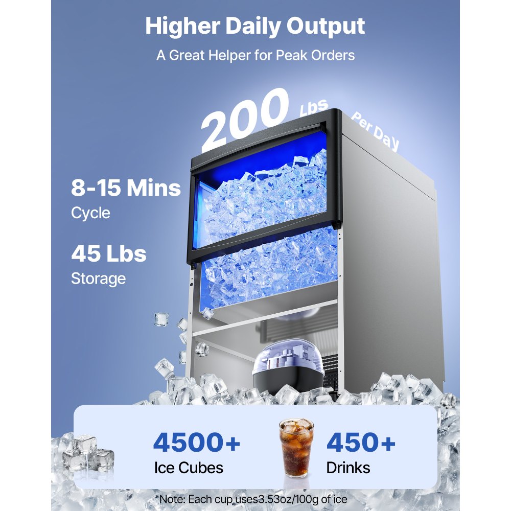 Vevor Ice Maker Commercial Freestanding 200 lbs/24h 50 lbs Storage Capacity New
