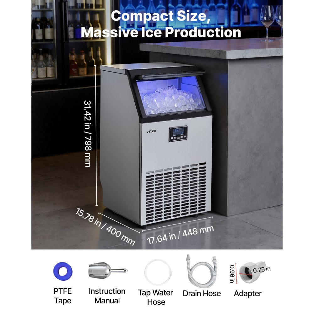 Vevor Ice Maker Commercial Freestanding 100 lbs/24H 26 lbs Bin Stainless Steel New