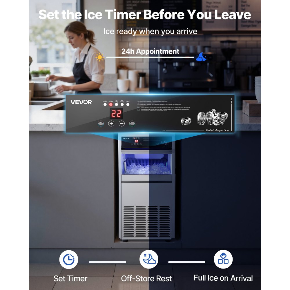 Vevor Ice Maker Commercial 100 lbs/24h Built-In Freestanding Under-Counter Stainless Steel with LED Display Self-Cleaning New